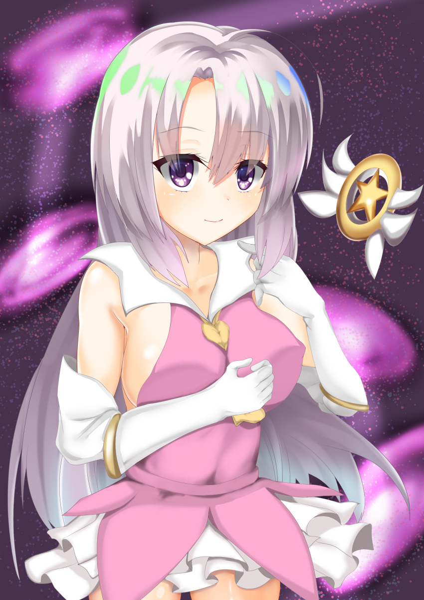 1girl absurdres ahoge ayachi_nene blush breasts closed_mouth commentary_request cosplay covered_nipples crossover dress elbow_gloves eyelashes eyes_visible_through_hair fate/kaleid_liner_prisma_illya fate_(series) frilled_dress frills gloves grey_hair hair_between_eyes highres ju3cxqko75m199r large_breasts long_hair looking_at_viewer magical_ruby petticoat pink_dress prisma_illya prisma_illya_(cosplay) purple_background purple_eyes sanoba_witch smile solo very_long_hair white_gloves