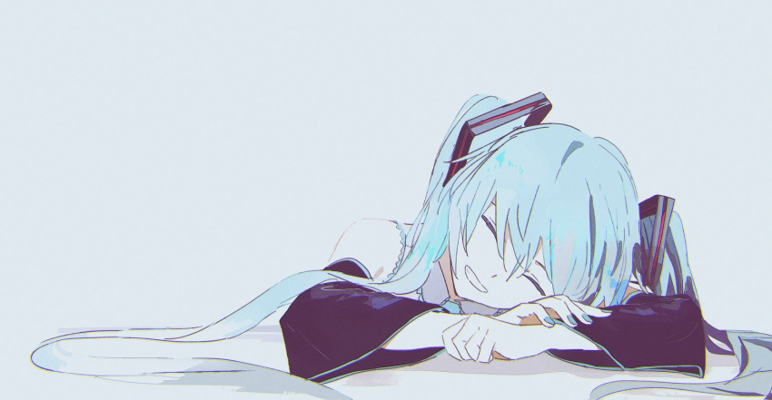 1girl blue_hair blue_nails closed_eyes detached_sleeves facing_viewer grin hair_ornament hair_spread_out hatsune_miku head_rest light_blue_hair manuga_(manuga430) parted_lips simple_background smile solo twintails vocaloid white_background wide_sleeves