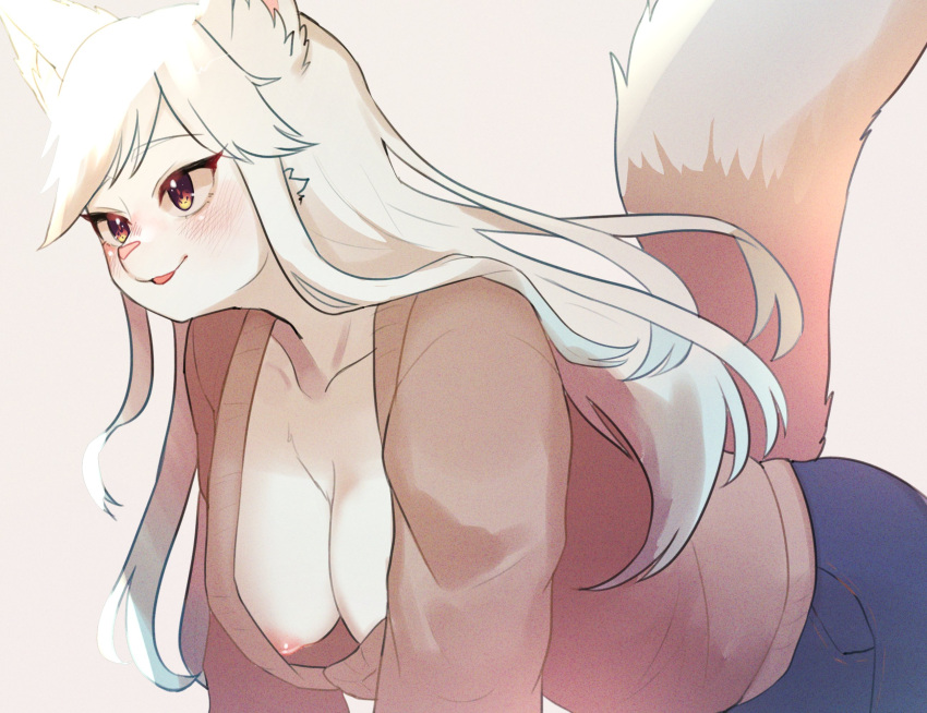 anthro areola biped blush braless breasts canid canine clothing dipstick_tail female fox fur hair hi_res leaning leaning_forward long_hair looking_aside mammal markings nipple_slip nipples onikuman pink_nose side_view simple_background smile solo sweater tail tail_markings topwear white_body white_fur white_hair
