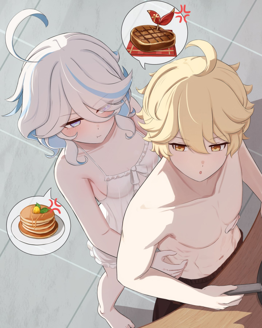 1boy 1girl :t aether_(genshin_impact) blonde_hair blue_eyes blue_hair breasts closed_mouth dress food from_behind furina_(genshin_impact) genshin_impact hair_between_eyes hair_over_one_eye heterochromia highres mockingeu muscular muscular_male open_mouth pancake small_breasts steak symbol-shaped_pupils topless_male white_dress white_hair yellow_eyes