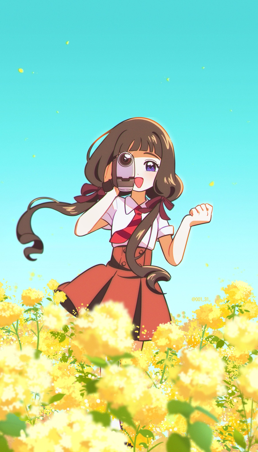 1girl absurdres black_hair blue_sky blunt_bangs blurry camcorder cardcaptor_sakura chueog daidouji_tomoyo depth_of_field flower gradient_sky highres holding_camcorder long_hair looking_at_viewer low_twintails necktie open_mouth purple_eyes red_necktie red_skirt skirt sky smile solo twintails video_camera