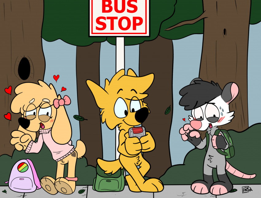 american_opossum andrew_(hryanart) anthro backpack black_hair black_nose blush bottomless bow_ribbon bow_tie brown_body brown_fur bus_stop canid canine canis clothed clothing domestic_dog english_text female fur game_boy game_boy_family green_backpack grey_body grey_fur group hair hryanart leg_warmers legwear male mammal markings marsupial nintendo open_mouth outside penny_campbell pink_backpack pink_bow pink_clothing pink_leg_warmers pink_nose pink_sweater pink_topwear plant sidewalk spots spotted_markings sweater tan_body tan_fur text tongue_showing topwear tree trio white_body white_fur winston_(hryanart) yellow_body yellow_fur