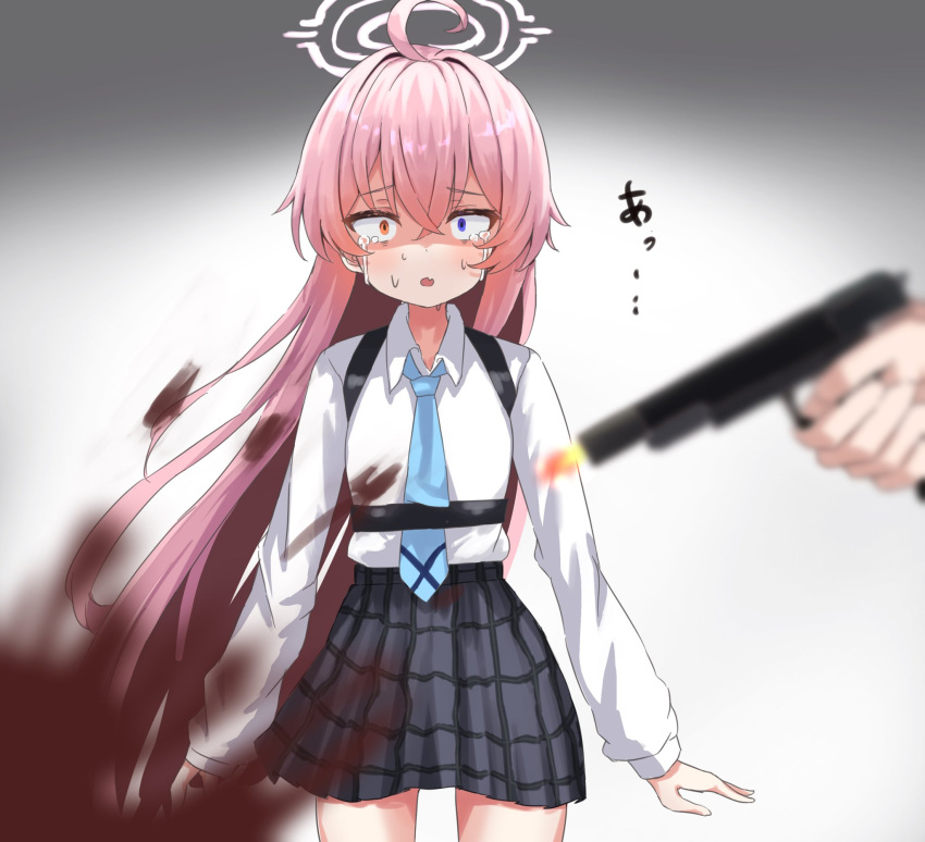 1girl 1other ahoge blood blood_splatter blue_archive blue_eyes blue_necktie blurry blurry_foreground collared_shirt crying crying_with_eyes_open firing furrowed_brow grey_skirt gun hair_between_eyes halo handgun heterochromia highres holding holding_gun holding_weapon hoshino_(blue_archive) long_hair long_sleeves looking_at_viewer nanahosi45 necktie open_mouth pink_hair plaid plaid_skirt shirt skirt strap tears traumatized upper_body very_long_hair weapon white_shirt yellow_eyes