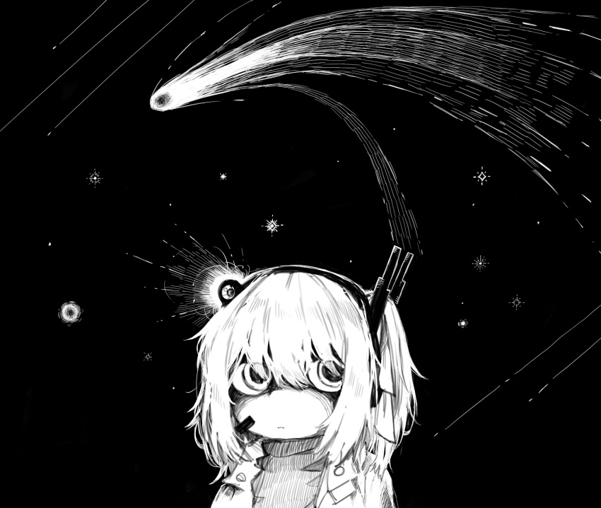 1girl a.i._voice adachi_rei closed_mouth comet frown greyscale hair_ribbon headlamp headset highres jacket medium_hair messy_hair meteor_shower microphone monochrome open_clothes open_jacket portrait radio_antenna ribbon serious shaded_face side_ponytail sideways_glance sky solo star_(sky) starry_sky subaru_namisaki turtleneck utau