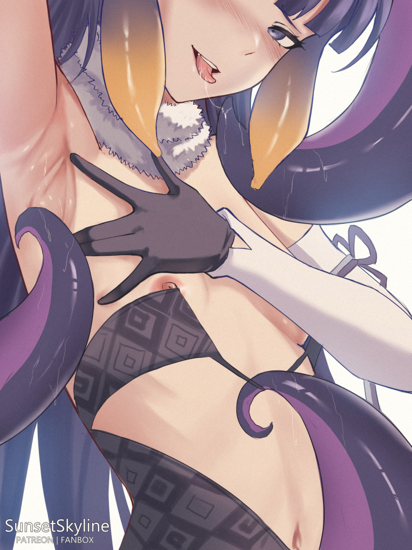 1girl arm_up armpit_focus armpits black_dress blue_eyes blush breasts dress gloves gradient_hair highres hololive hololive_english long_hair looking_at_viewer multicolored_hair navel ninomae_ina'nis ninomae_ina'nis_(1st_costume) nipples open_mouth purple_gloves purple_hair small_breasts smile solo strapless strapless_dress sunset_skyline tentacle_hair tentacles tongue tongue_out tube_dress virtual_youtuber