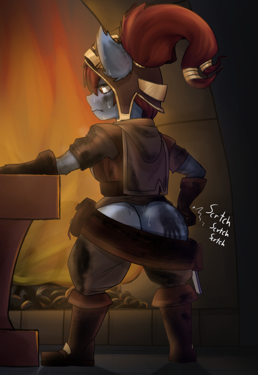 absurd_res big_butt blacksmith blacksmith_poppy_(lol) butt clothed clothing darkafterdark dirty female hi_res league_of_legends poppy_(lol) riot_games scratching scratching_butt short_stack solo yordle