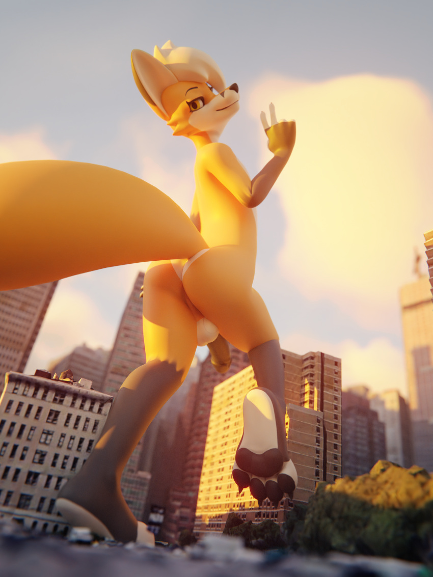 2022 3:4 3d_(artwork) 4_toes absurd_res anthro balls black_pawpads blender_(software) building canid canine city claws cloud digital_media_(artwork) feet fox genitals girly hi_res logan_grey looking_back mammal midriff nude pawpads penis perspective_shot plantigrade rileyfoxxo sky skyscraper smile toe_claws toes underpaw