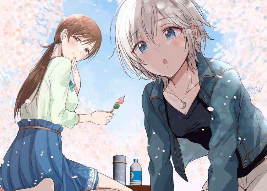 2girls all_fours anastasia_(idolmaster) artist_name belt black_shirt blue_eyes blue_jacket blue_skirt blue_sky blush bottle breasts brown_belt brown_eyes brown_hair cherry_blossoms chestnut_mouth cleavage closed_mouth cloud cloudy_sky collarbone collared_jacket commentary crescent crescent_necklace dango day eating falling_petals food gen_(enji) grey_hair hair_between_eyes hand_to_own_mouth highres holding holding_food idolmaster idolmaster_cinderella_girls idolmaster_cinderella_girls_starlight_stage jacket jewelry lace-trimmed_skirt lace_trim large_breasts long_hair long_sleeves looking_at_viewer love_laika_(idolmaster) medium_breasts multiple_girls neck_ribbon necklace nitta_minami open_clothes open_jacket open_mouth outdoors pants petals ribbon sanshoku_dango shirt short_hair sitting skewer skirt sky smile symbol-only_commentary tareme tea_set twitter_username unbuttoned upper_body wagashi wariza water_bottle white_pants