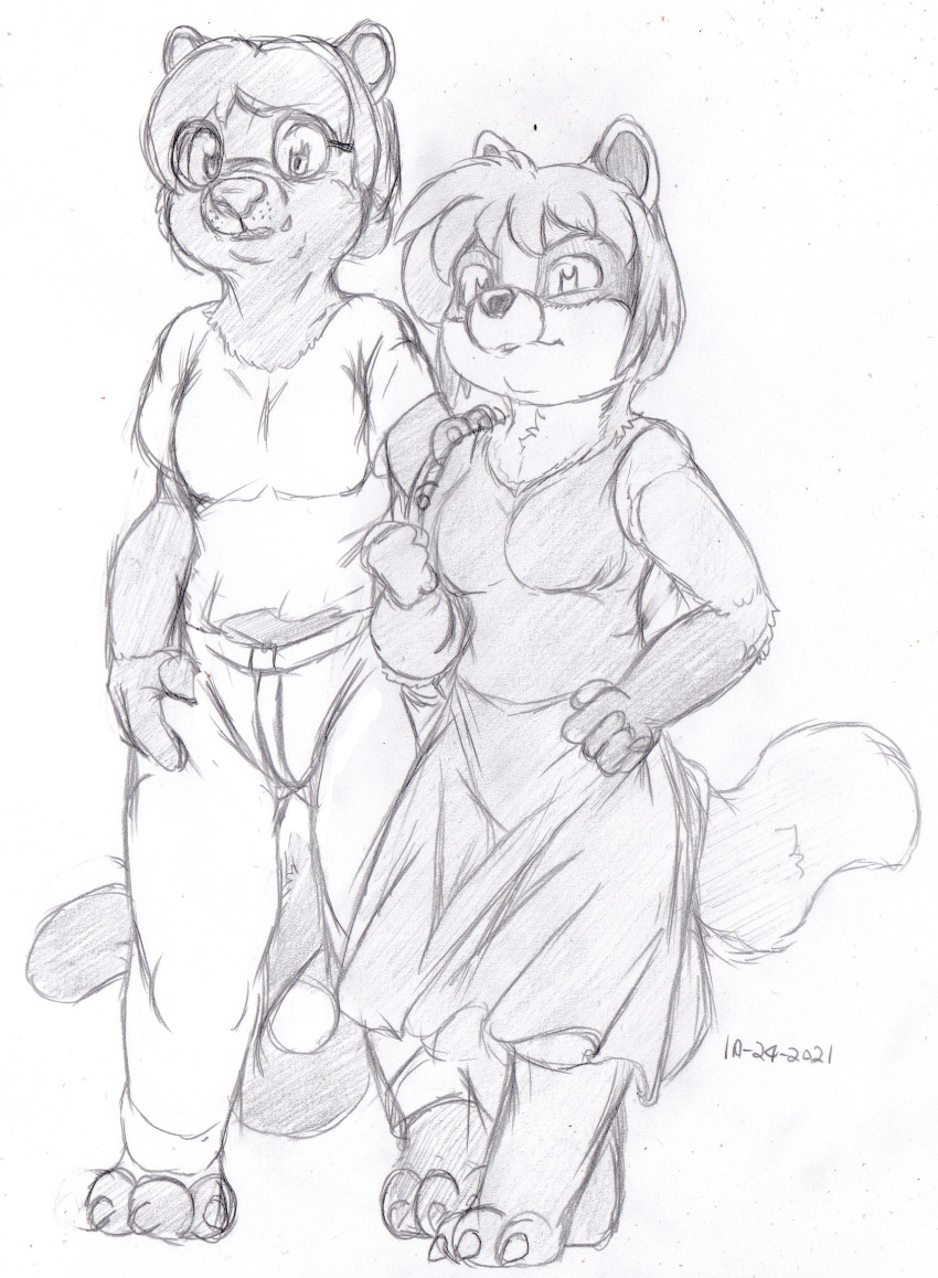 anthro badger bottomwear breasts clothed clothing crossdressing duo eyewear felid female glasses hair hi_res intersex intersex/female jaguar kitsune_youkai male mammal maximilian_ultimata mustelid musteline naomi_pearson pantherine pants skirt tail trans_(lore) trans_man_(lore)