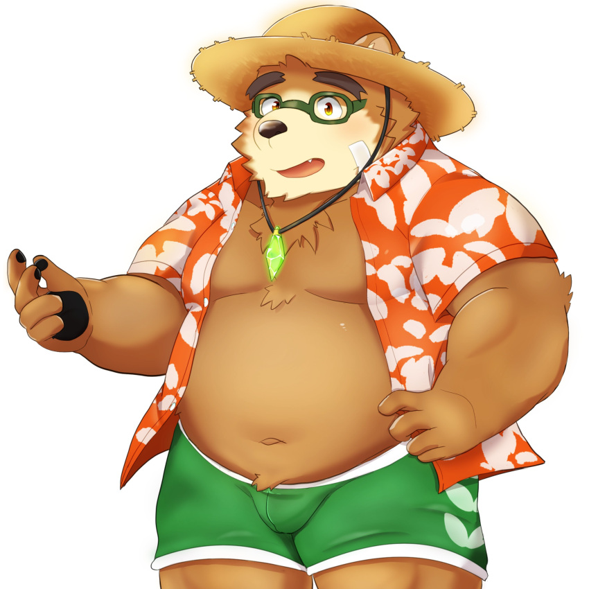 absurd_res aloha_shirt anthro bear belly bottomwear bulge clothed clothing eyewear glasses hat headgear headwear hi_res jewelry lifewonders male mammal navel necklace open_clothing open_shirt open_topwear overweight pattern_clothing pattern_shirt pattern_topwear pawpads ruoain shirt shorts solo straw_hat tokyo_afterschool_summoners topwear volos