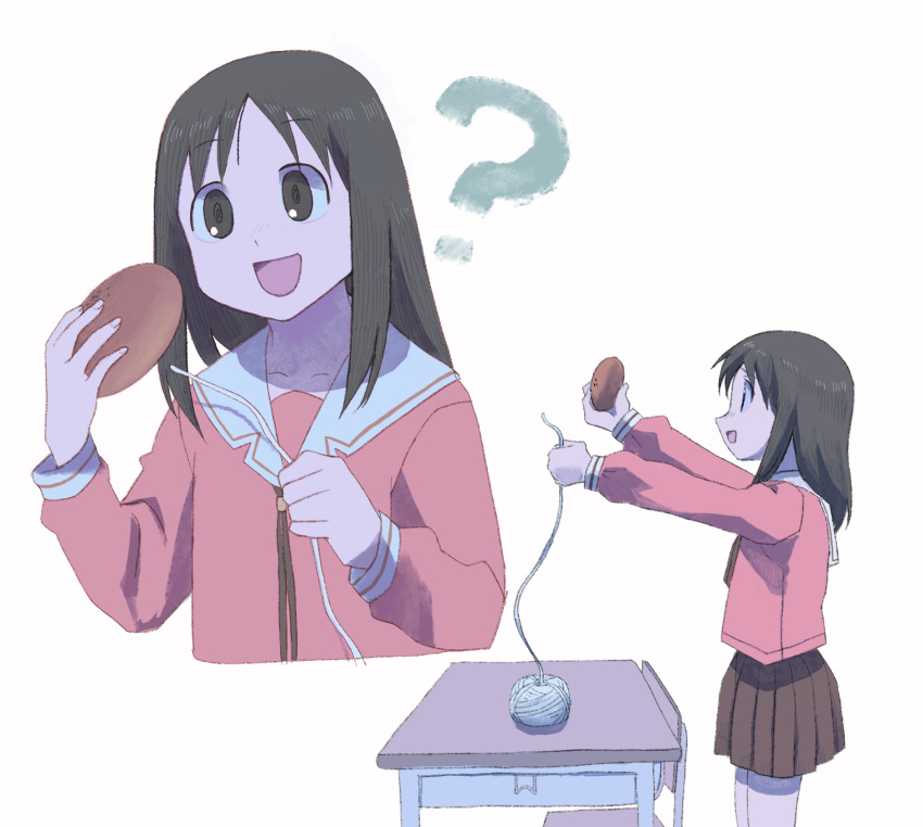 1girl :d ? @_@ azumanga_daioh azumanga_daioh's_school_uniform brown_eyes brown_hair brown_ribbon brown_skirt chair collarbone desk detached_hair highres holding holding_hair holding_string kasuga_ayumu long_sleeves medium_hair neck_ribbon open_mouth pink_sailor_collar pink_shirt ribbon sailor_collar school_chair school_desk school_uniform serafuku shirt simple_background skirt smile solo standing string upper_body white_background white_sailor_collar