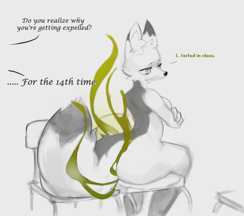 anthro big_butt black_body black_fur breasts butt canid canine chair crossed_arms dialogue facial_tuft fart fart_cloud female fluffy fluffy_tail fox fur furniture head_tuft hi_res hybrid inner_monologue lichee looking_away mammal mephitid neck_tuft nude pepper_(lichee) sitting skunk smelly solo stink_lines tail talking_to_another tuft white_body white_fur