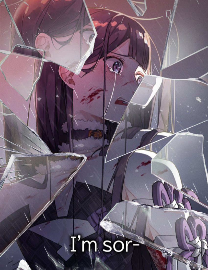 1girl absurdres bare_shoulders black_hair blood blood_on_face broken_glass crying crying_with_eyes_open dandandanholo flat_chest glass glass_shards highres hololive hololive_english long_hair ninomae_ina'nis ninomae_ina'nis_(1st_costume) open_mouth purple_eyes shards streaming_tears tears virtual_youtuber