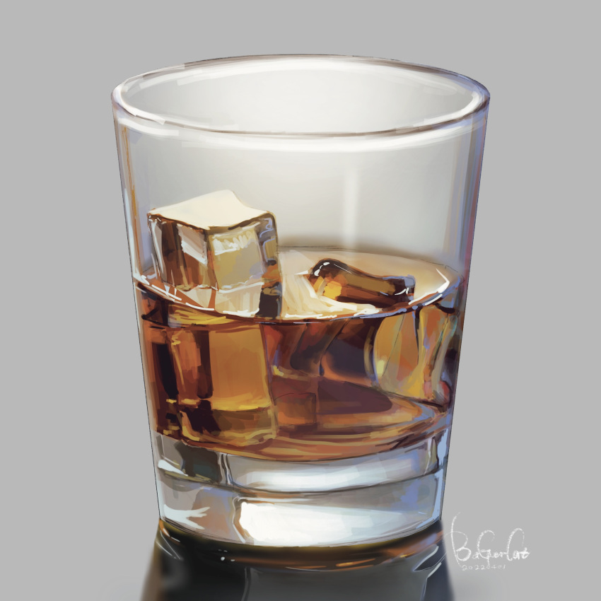 alcohol artist_name ba_ger_cat chinese_commentary commentary_request cup dated dated_commentary drink drinking_glass food_focus grey_background highres ice ice_cube no_humans original partial_commentary reflection signature simple_background still_life whiskey