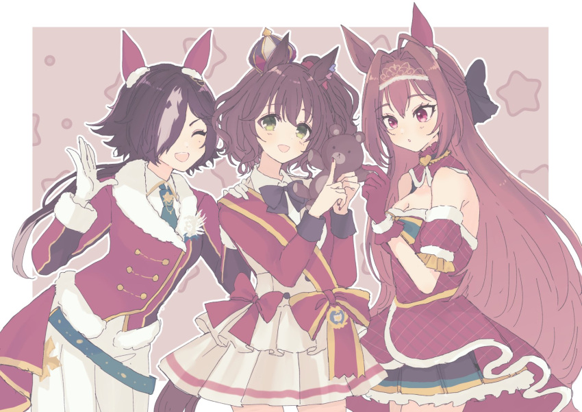 3girls :o animal_ears arm_garter aston_machan_(umamusume) breasts brown_hair cleavage closed_eyes cowboy_shot crown daiwa_scarlet_(scarlet_nuit_etoile)_(umamusume) daiwa_scarlet_(umamusume) dress ear_covers gloves green_eyes hair_intakes hair_over_one_eye hand_on_another's_shoulder highres holding holding_stuffed_toy horse_ears horse_girl horse_tail index_finger_raised jacket long_hair long_sleeves looking_at_viewer micca_(suisuisuigyo) multiple_girls open_mouth pants red_eyes red_gloves red_jacket sash short_hair shoulder_sash side_ponytail skirt small_breasts smile strapless strapless_dress stuffed_animal stuffed_toy tail teddy_bear tiara umamusume vodka_(nonfreezing_aqua_vitae)_(umamusume) vodka_(umamusume) white_pants white_skirt