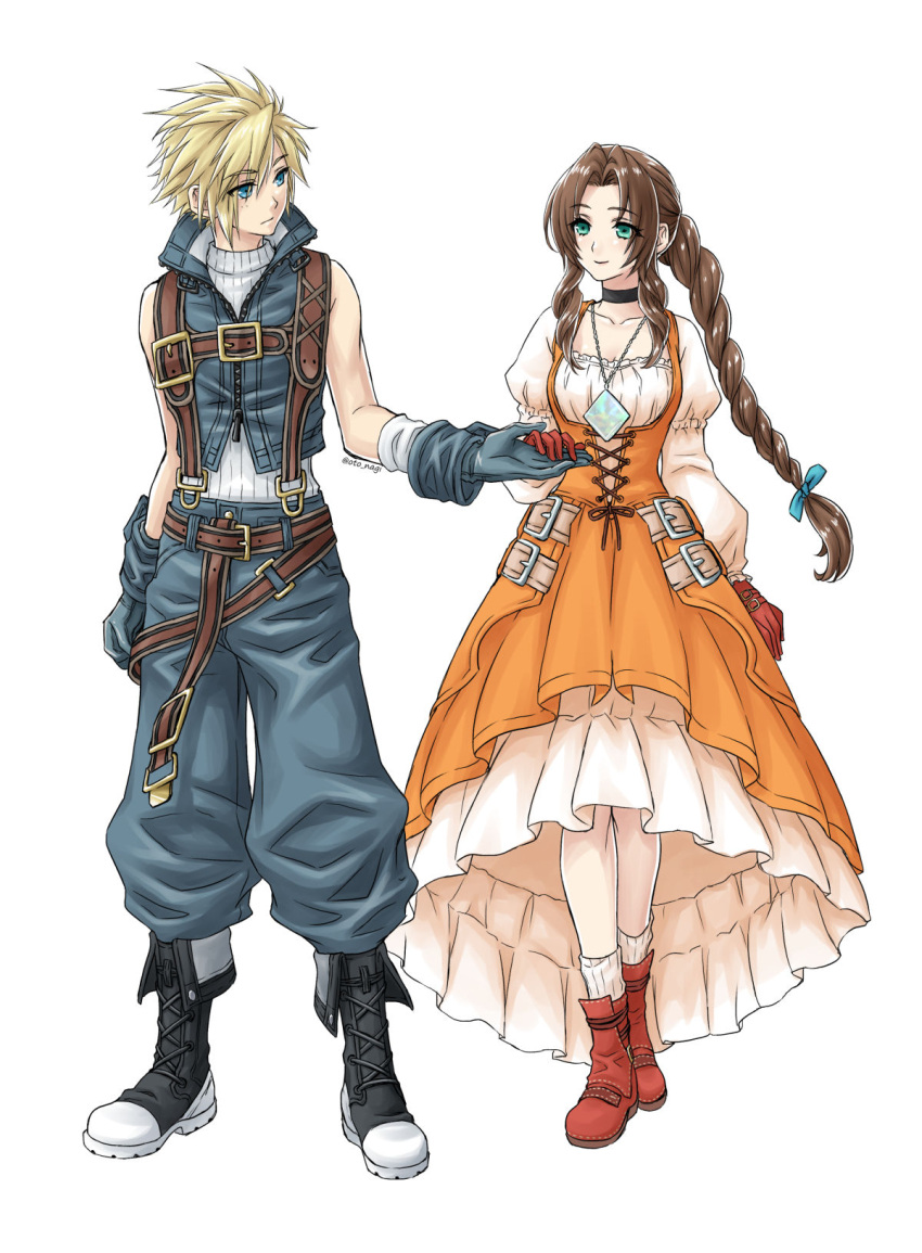 aerith_gainsborough belt belt_buckle black_choker blonde_hair blue_eyes blue_ribbon braid braided_ponytail brown_belt brown_hair buckle choker cloud_strife collared_shirt crossover dress final_fantasy final_fantasy_ix final_fantasy_vii final_fantasy_vii_remake garnet_til_alexandros_xvii gloves green_eyes hair_ribbon highres holding_hands jewelry light_smile looking_at_another multiple_belts orange_dress oto_nagi pendant ribbon shirt spiked_hair turtleneck zidane_tribal