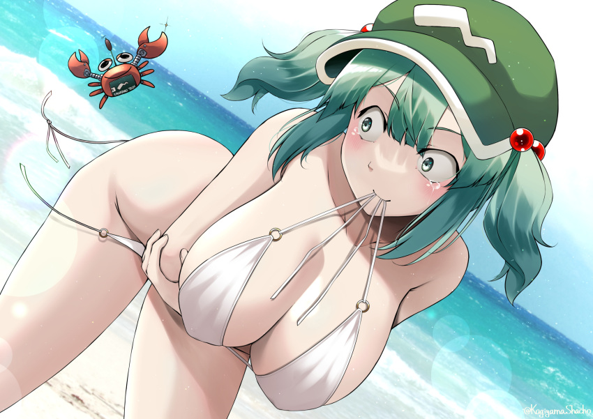 aqua_eyes aqua_hair bikini blush crab happy_tears highres kagiyama_shachou kappa kawashiro_nitori medium_hair non-humanoid_robot o-ring o-ring_bikini robot robot_animal short_twintails sidelocks swimsuit tears touhou twintails two_side_up