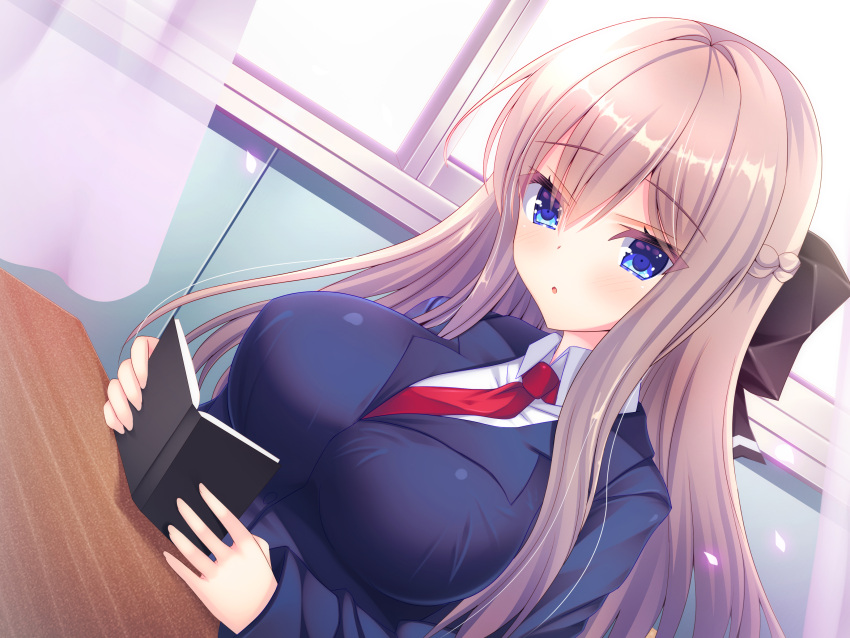 1girl :o absurdres black_jacket blazer blue_eyes blush book braid breasts brown_hair chair classroom collared_shirt commentary_request desk dutch_angle hair_between_eyes hair_ribbon highres holding holding_book jacket large_breasts long_hair long_sleeves looking_at_viewer open_mouth original ribbon school_chair school_desk school_uniform shirt shitou_kazuaki sidelocks sitting solo taut_clothes uniform white_shirt window