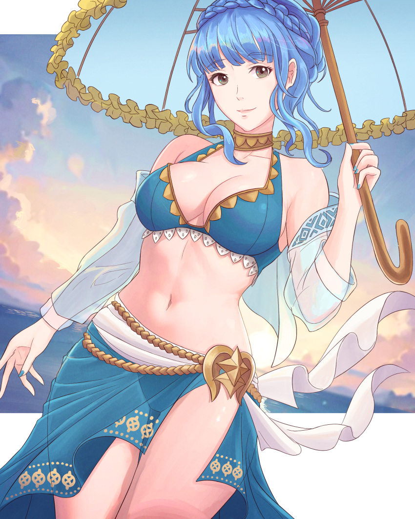 1girl absurdres bikini blue_bikini blue_hair blue_nails blue_sarong braid breasts brown_eyes closed_mouth cloud cowboy_shot crown_braid detached_sleeves fire_emblem fire_emblem:_three_houses fire_emblem_heroes highres holding holding_umbrella large_breasts light_smile looking_at_viewer marianne_von_edmund navel ocean parasol sarong see-through see-through_sleeves sky solo stomach swimsuit truejekart umbrella