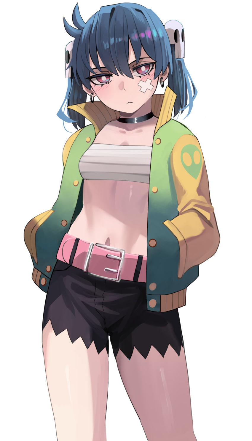 1girl absurdres belt belt_buckle black_hair black_shorts blush breasts buckle closed_mouth collarbone earrings green_jacket hair_between_eyes hair_ornament hands_in_pockets highres jacket jewelry ji-yoon_(jourd4n) jourd4n long_sleeves looking_at_viewer navel open_clothes open_jacket original pink_belt red_eyes sarashi short_shorts shorts simple_background skull_hair_ornament small_breasts solo standing twintails white_background