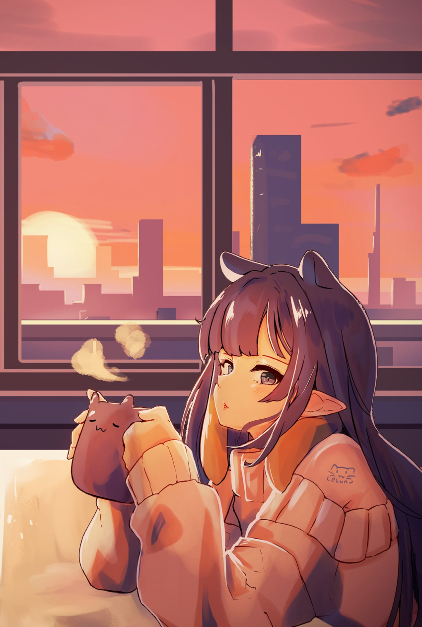 1girl blue_eyes cityscape coffee_mug cup elun_(elun_00) grey_sweater highres holding holding_cup hololive hololive_english long_hair looking_at_viewer mug ninomae_ina'nis open_mouth pointy_ears purple_eyes sidelocks solo sun sunset sweater takodachi_(ninomae_ina'nis) tentacle_hair virtual_youtuber