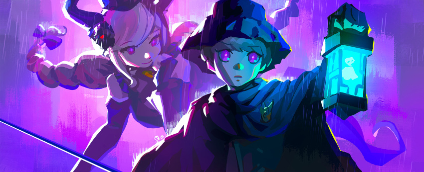 1boy 1girl black_dress black_gloves black_horns blue_cape blue_headwear braid cape closed_mouth crown dress fingerless_gloves gloves glowing hair_ornament hat highres holding holding_lantern horns jacket kokohead_yuma lantern long_sleeves looking_at_another master_detective_archives:_rain_code multicolored_hair open_mouth pink_eyes pink_hair purple_eyes purple_hair qosic rain shinigami_(rain_code) short_hair smile twin_braids two-tone_hair upper_body