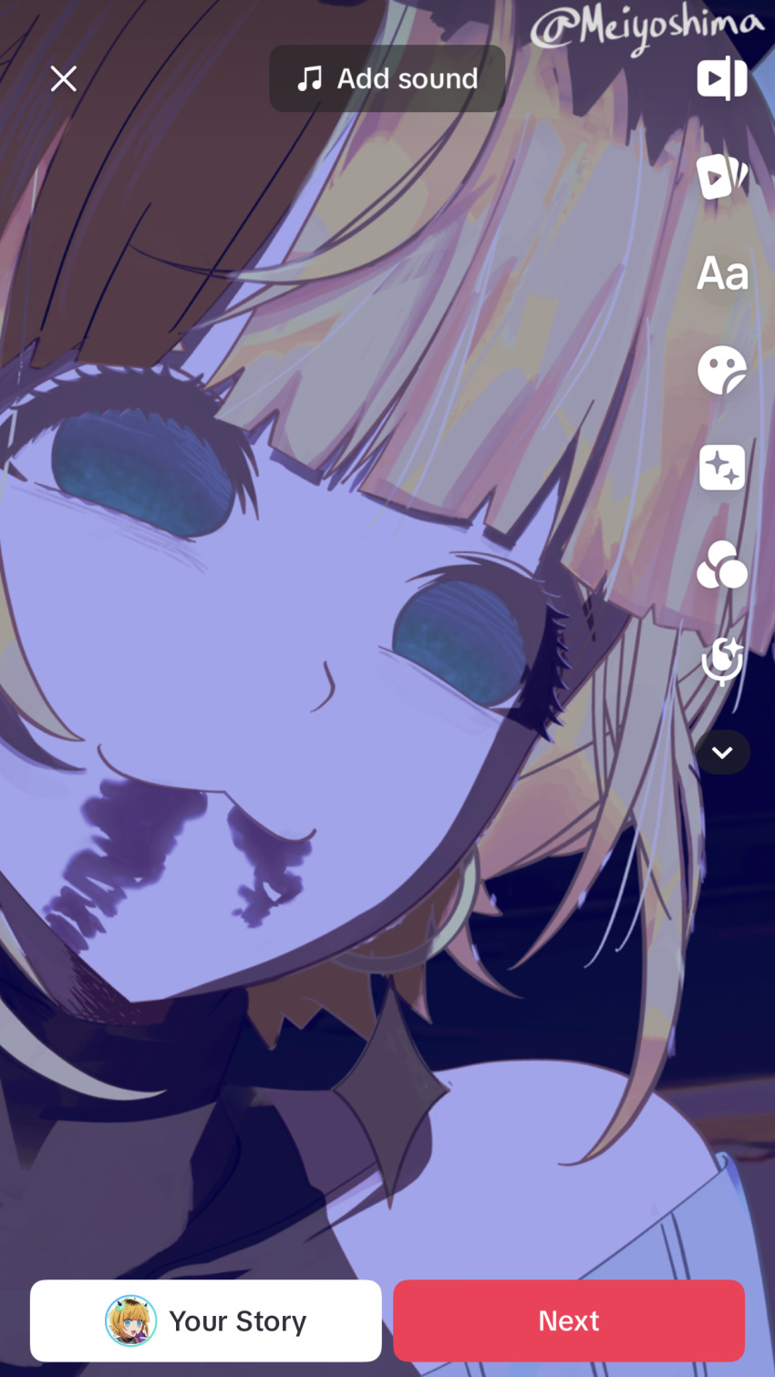 1girl :3 :d bare_shoulders blonde_hair blue_eyes blue_sweater blunt_bangs close-up collarbone commentary death demon_horns drinking_straw earrings empty_eyes english_commentary english_text fake_horns fake_screenshot fang floating_hair grimace_shake_(meme) highres horns jewelry long_sleeves meiyoshima memcho meme night off-shoulder_sweater off_shoulder oshi_no_ko purple_liquid scene_reference short_hair sidelocks smile solo sparkle spill sweater tiktok twitter_username upper_body