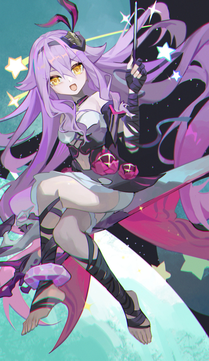 1girl :d absurdres bare_shoulders black_gloves black_hairband breasts chromatic_aberration clothing_cutout commentary_request crossed_legs fingerless_gloves full_body gloves hair_between_eyes hairband hand_up highres holding honkai_(series) honkai_impact_3rd kuangwang_heiye long_hair medium_breasts navel navel_cutout no_shoes purple_hair short_shorts shorts sirin sirin_(miracle_magical_girl) sitting smile solo star_(symbol) very_long_hair white_shorts yellow_eyes