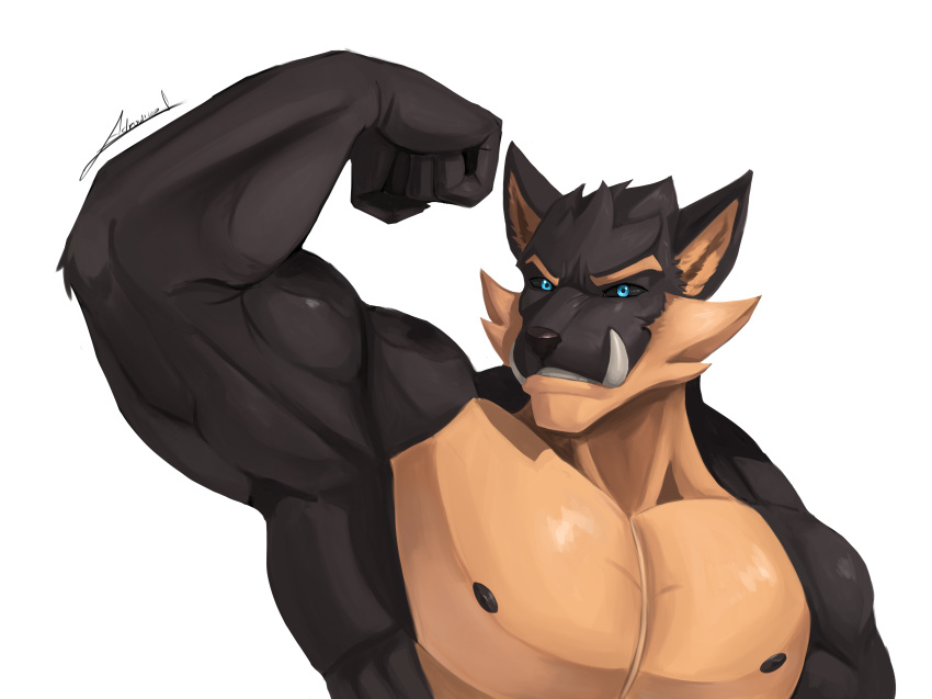 abs absurd_res adrovmike anthro biceps biceptember body canid canine canis digital_media_(artwork) fur furry general_(disambiguation) hair half hi_res invalid_tag male mammal muscular muscular_anthro muscular_male nipples pecs sfw_version smile solo wolf