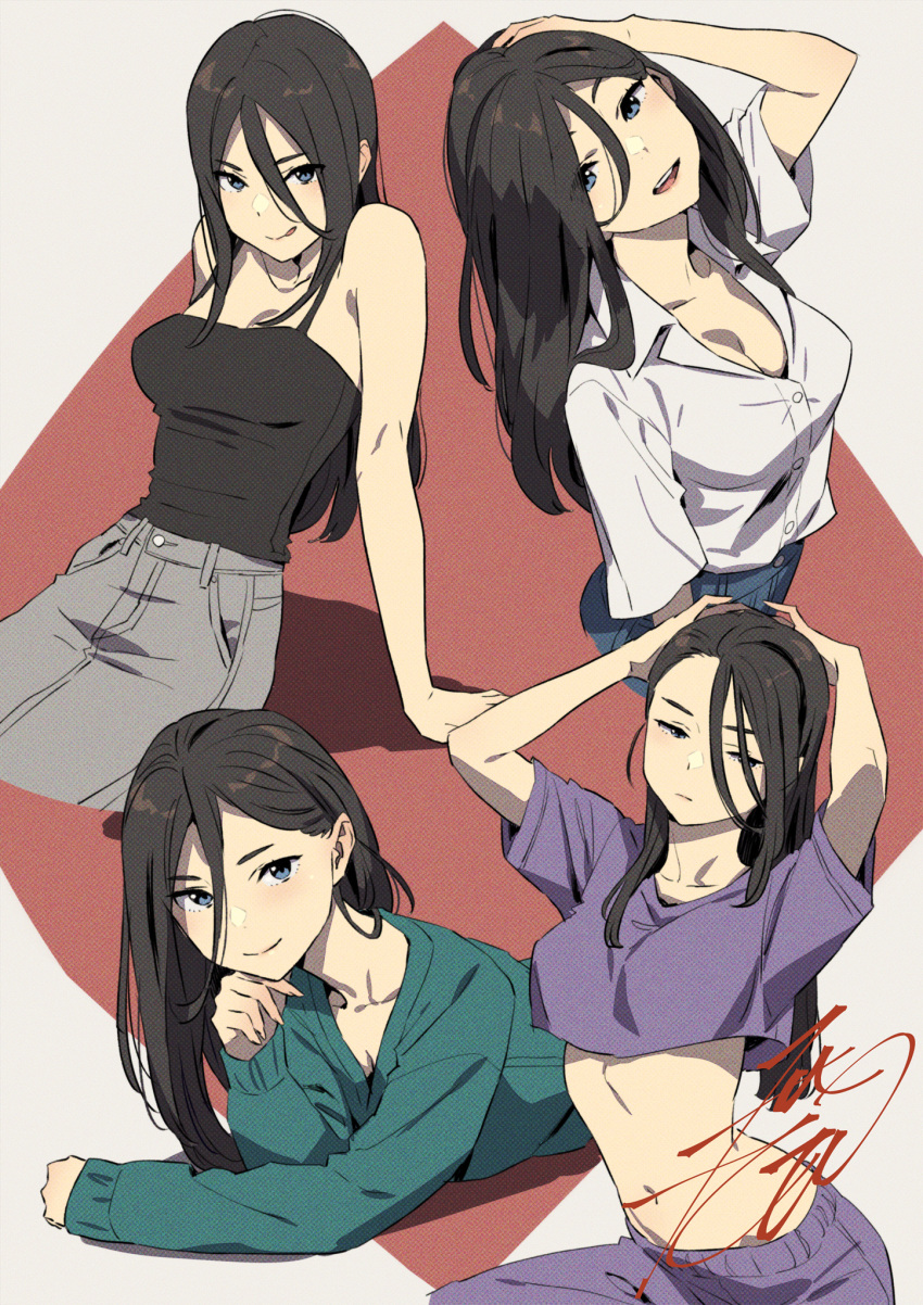 1girl :p adjusting_hair aqua_shirt arms_behind_back black_camisole black_hair blue_eyes blue_pants breasts camisole cleavage collage denim grey_pants hair_between_eyes hand_in_own_hair head_on_hand highres jeans kobayashi_gen long_hair looking_at_viewer looking_up lying medium_breasts midriff navel on_stomach open_mouth pants purple_pants purple_shirt school_girl_strikers shiranui_hazuki shirt short_sleeves signature simple_background sitting tongue tongue_out white_shirt