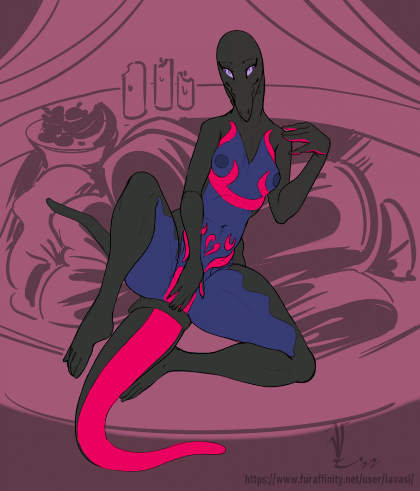 2022 anthro black_body breasts countershading covering covering_crotch covering_self female front_view full-length_portrait generation_7_pokemon hi_res humanoid_hands lavasi nintendo nipples nude nude_female pokemon pokemon_(species) pokemorph portrait purple_body purple_countershading reclining salazzle scalie solo