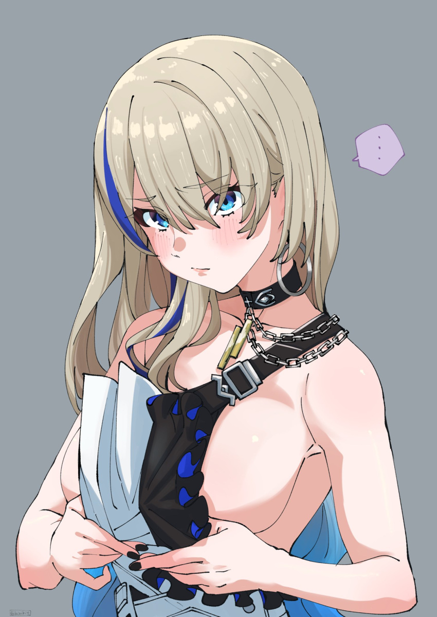 ... 1girl black_choker black_nails blonde_hair blue_eyes blue_hair blush breasts chain choker earrings eyes_visible_through_hair highres hizikit honkai:_star_rail honkai_(series) hoop_earrings jewelry long_hair looking_at_viewer medium_breasts multicolored_hair serval_landau sideboob simple_background solo spoken_ellipsis streaked_hair upper_body