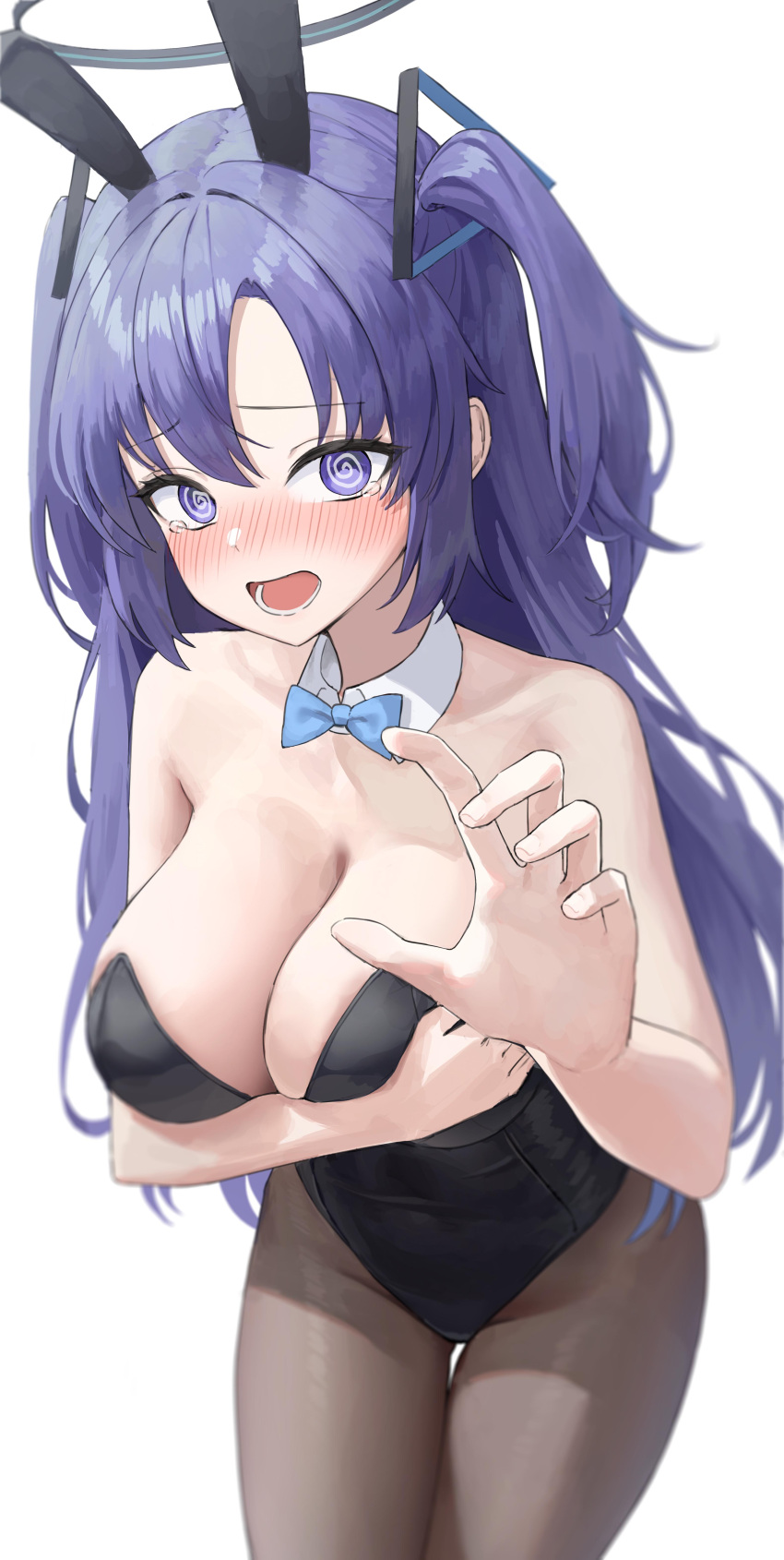 1girl @_@ absurdres animal_ears black_leotard black_pantyhose blue_archive blue_bow blue_bowtie bow bowtie breasts cleavage cowboy_shot damcheong detached_collar fake_animal_ears halo highres large_breasts leotard long_hair looking_at_viewer mechanical_halo pantyhose purple_eyes purple_hair rabbit_ears simple_background solo strapless strapless_leotard tears two_side_up white_background yuuka_(blue_archive)