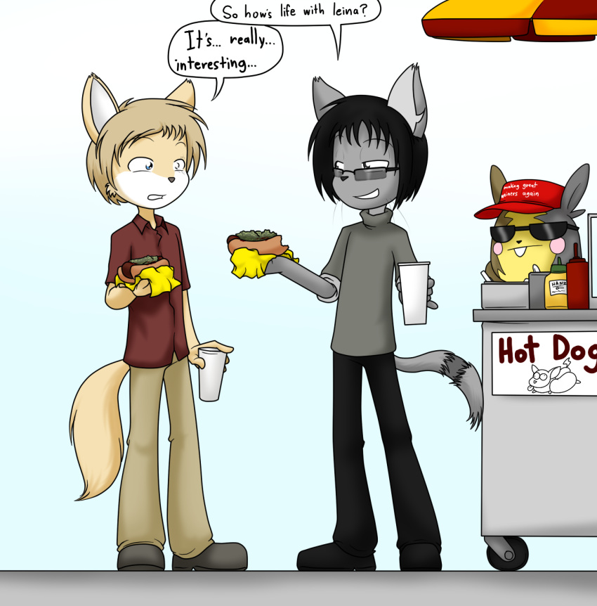 2021 anthro beverage black_eyes black_hair blue_eyes brown_body brown_fur buckteeth canid canine clothing dialogue digital_drawing_(artwork) digital_media_(artwork) domestic_cat english_text eyewear felid feline felis fingers fluffy fluffy_tail food fox fur generation_8_pokemon grey_body grey_fur group hair hat headgear headwear heterochromia hi_res hot_dog isaac_(monkeykinghero) ketchup long_tail make_america_great_again male mammal morpeko multicolored_body multicolored_fur mustard nintendo outside pokemon pokemon_(species) sandwich-anomaly scar short_hair simple_background smile sunglasses tail tan_body tan_fur teeth text trio two_tone_body two_tone_fur van_(sandwich-anomaly) vendor_stand whiskers white_body white_fur yellow_body yellow_fur