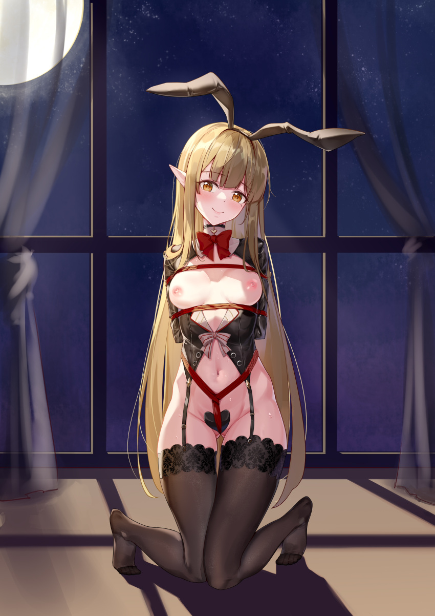 1girl absurdres animal_ears arknights arms_behind_back ass_visible_through_thighs black_hairband black_thighhighs blush bottomless bow bowtie breasts brown_eyes closed_mouth curtains fake_animal_ears full_moon hairband heart_maebari highres indoors long_sleeves looking_at_viewer maebari moon muelsyse_(arknights) navel night night_sky nipples no_shoes pointy_ears qaq_baiguang rabbit_ears red_bow red_bowtie shibari shibari_over_clothes sky small_breasts smile thighhighs window window_shade