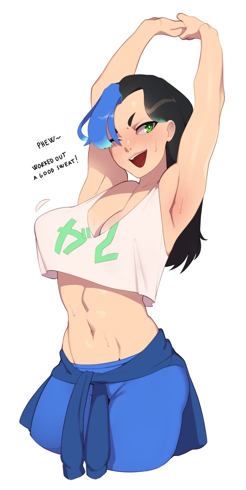 1girl absurdres armpits arms_up black_hair blue_hair blue_pants breasts cleavage combos_&amp;_doodles crop_top english_text green_eyes highres large_breasts long_hair looking_at_viewer midriff multicolored_hair navel open_mouth original pants shirt sleeveless solo stretching teeth two-tone_hair upper_teeth_only white_shirt yoga_pants