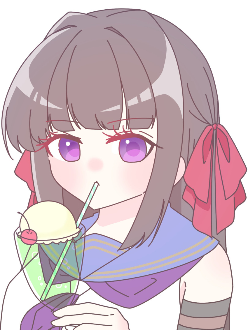 1girl alicia_(aris_lily0418) arm_at_side assault_lily blue_sailor_collar blunt_bangs brown_hair cherry closed_mouth cup detached_sleeves drinking drinking_glass drinking_straw drinking_straw_in_mouth food fruit hair_intakes hair_ribbon hand_up highres holding holding_cup ice_cream ice_cream_float kozue_west long_hair looking_at_viewer neckerchief odaiba_girls_high_school_uniform purple_eyes purple_neckerchief red_ribbon ribbon sailor_collar school_uniform serafuku shirt sidelocks simple_background sleeveless sleeveless_shirt solo upper_body white_background white_shirt