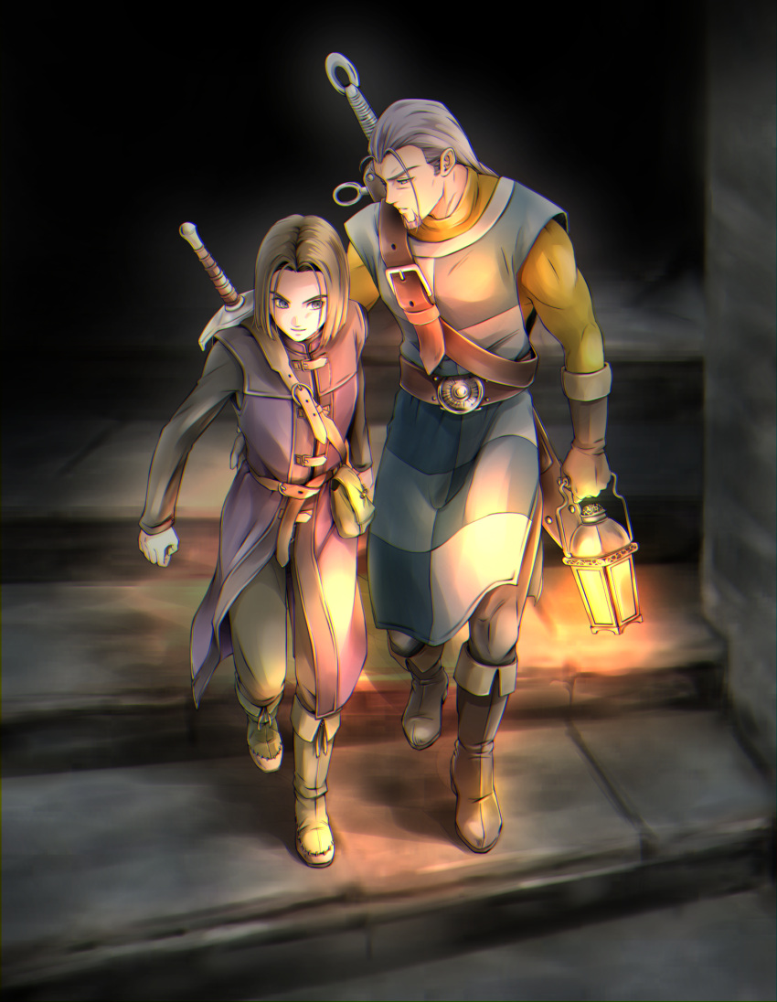 2boys arm_around_waist bag belt blue_tunic bob_cut boots checkered_clothes dragon_quest dragon_quest_xi greig_(dq11) hero_(dq11) highres holding holding_lantern lantern looking_at_another male_focus multiple_boys multiple_swords myukom pants purple_tunic spiral_staircase stairs stone_stairs walking