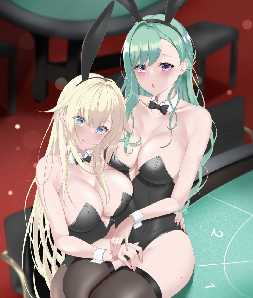 2girls :o :q absurdres aizawa_ema alternate_costume animal_ears bare_shoulders black_bow black_bowtie black_leotard black_thighhighs blonde_hair blue_eyes blunt_bangs blush bow bowtie breasts brown_pantyhose casino center_opening collarbone detached_collar fake_animal_ears green_hair hair_behind_ear hair_flaps highleg highleg_leotard highres hug large_breasts leotard long_hair looking_at_viewer mole mole_on_breast multiple_girls nakume_(harisenbon968) pantyhose pink_nails playboy_bunny purple_eyes rabbit_ears roulette_table sitting sitting_on_table smile strapless strapless_leotard swept_bangs table thighhighs tongue tongue_out traditional_bowtie very_long_hair virtual_youtuber vspo! wing_collar wrist_cuffs yakumo_beni yellow_nails