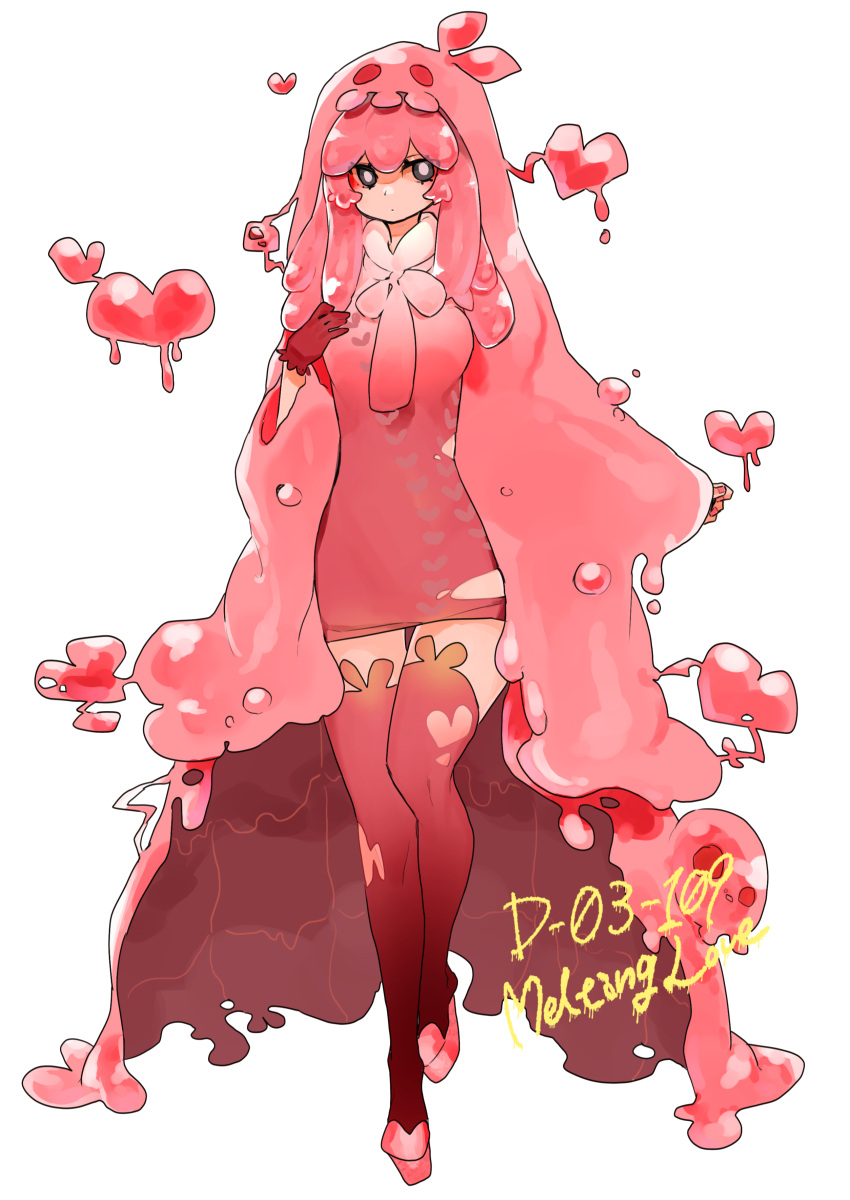 1girl absurdres black_eyes breasts character_name closed_mouth dress gloves hamelon310 heart highres jacket large_breasts liquid_clothes liquid_hair lobotomy_corporation melting_love personification pink_dress pink_hair pink_jacket pink_theme pink_thighhighs project_moon red_gloves slime_(substance) solo thighhighs