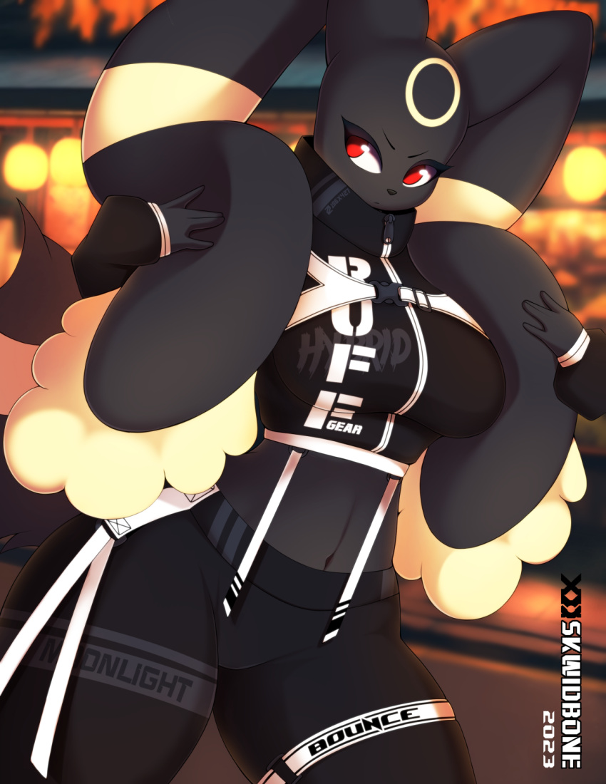 anthro big_breasts big_ears breasts clothing eeveelution female fusion generation_2_pokemon generation_4_pokemon hi_res hybrid lopunny navel nintendo pokemon pokemon_(species) pokemon_fusion red_eyes skwidbone solo text text_on_clothing tight_clothing umbreon zipper