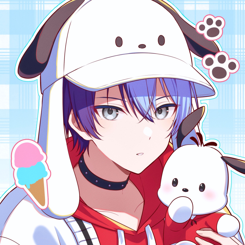 1boy animal_ear_headwear animal_hat aoyagi_touya black_choker blue_hair choker dark_blue_hair dog dog_hat droopy_ears grey_eyes hair_between_eyes hat highres hood hoodie jacket jacket_over_hoodie looking_at_viewer male_focus mole mole_under_eye multicolored_hair open_mouth pochacco project_sekai red_hoodie sanrio short_hair split-color_hair teneko02 two-tone_hair white_dog white_jacket