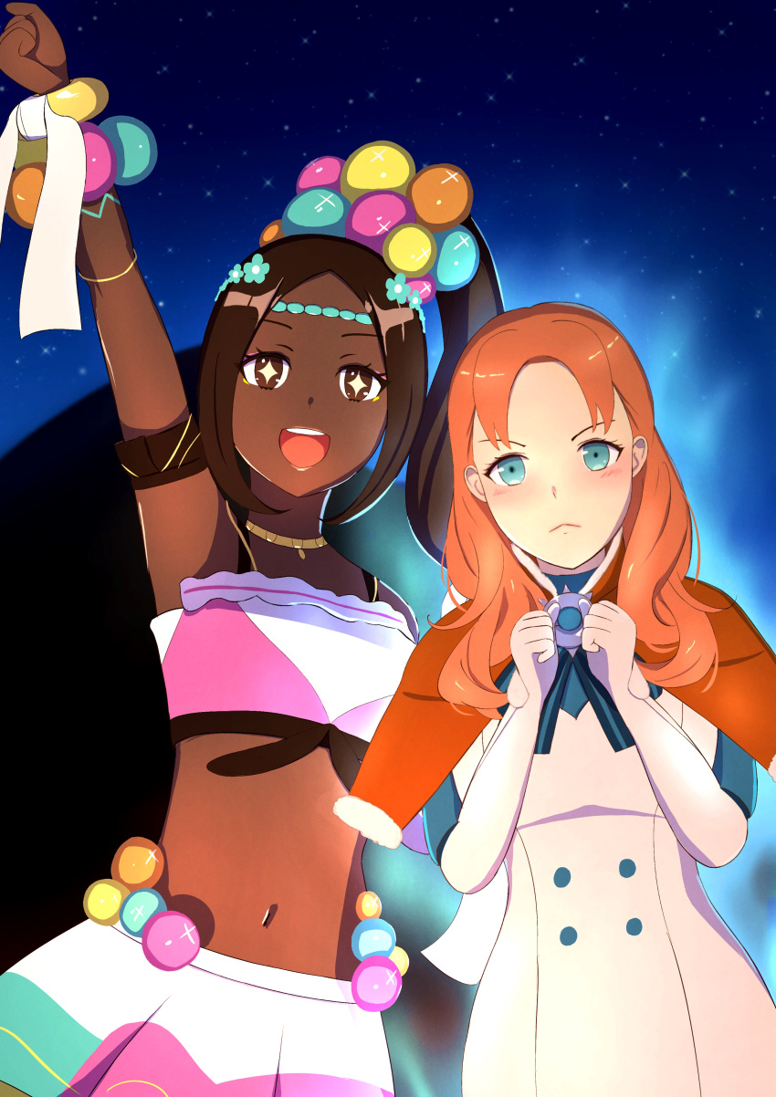 2girls absurdres annette_fantine_dominic bare_shoulders blue_aura bracelet dark-skinned_female dark_skin fire_emblem fire_emblem:_three_houses fire_emblem_engage high_ponytail highres jewelry looking_at_viewer mgnk33 midriff multiple_girls open_mouth pearl_bracelet pearl_hair_ornament teeth timerra_(fire_emblem) upper_teeth_only