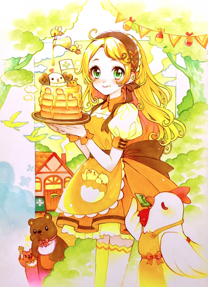 1girl apron back_bow bangs bear bee bib bird blonde_hair blush bow bug chewing chicken collared_dress cowboy_shot curly_hair dress eating flag food food_on_face fork green_eyes hairband highres holding holding_food holding_plate honey house lolita_hairband long_hair nishida_yuu original pancake pancake_stack pitcher_(container) plate pouring puffy_short_sleeves puffy_sleeves short_sleeves sky smile smoke solo string_of_flags syrup thighhighs traditional_media tree wrist_cuffs