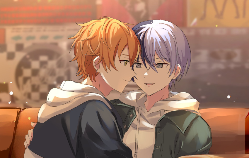 2boys aoyagi_touya blonde_hair blue_hair blurry blurry_background buttons chinese_commentary closed_mouth commentary_request dark_blue_hair dayud11 drawing earrings green_eyes grey_eyes hair_between_eyes highres hood hood_down hoodie hoop_earrings jewelry mole mole_under_eye multicolored_hair multiple_boys open_mouth orange_hair project_sekai shinonome_akito short_hair split-color_hair streaked_hair two-tone_hair upper_body white_hoodie yaoi
