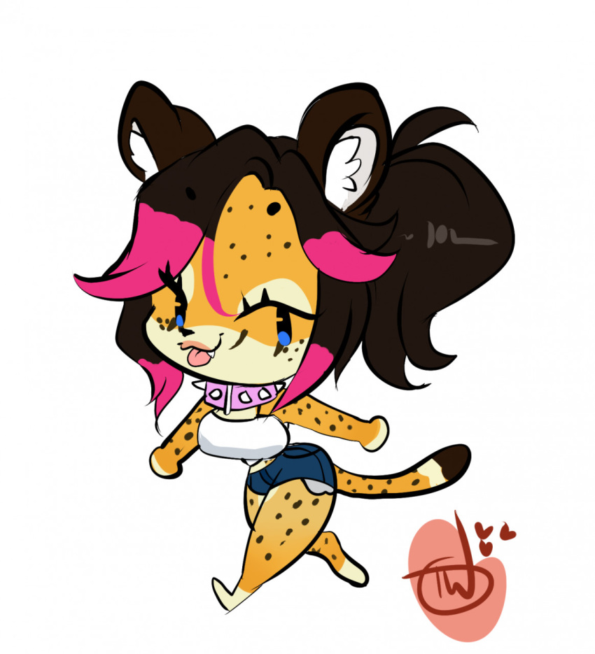 anthro bottomwear breasts cheetah clothed clothing collar felid feline female hair hi_res highlights_(coloring) hotpants kaylee_(arcticsnowfex) machairodontine mammal markings pink_collar pink_highlights shirt shorts simple_background solo spiked_collar spikes tank_top teeth temporarywizard topwear yellow_body