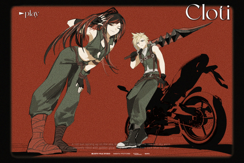 1boy 1girl absurdres black_hair cloud_strife cosplay crop_top dreadlocks duoj_ji final_fantasy final_fantasy_ix final_fantasy_vii final_fantasy_vii_ever_crisis fingerless_gloves gloves highres leaning_forward motor_vehicle motorcycle multicolored_hair official_alternate_costume official_alternate_hairstyle over_shoulder red_background red_hair revision salamander_coral salamander_coral_(cosplay) sleeveless smile sword tifa_lockhart two-tone_hair weapon weapon_over_shoulder zidane_tribal zidane_tribal_(cosplay)