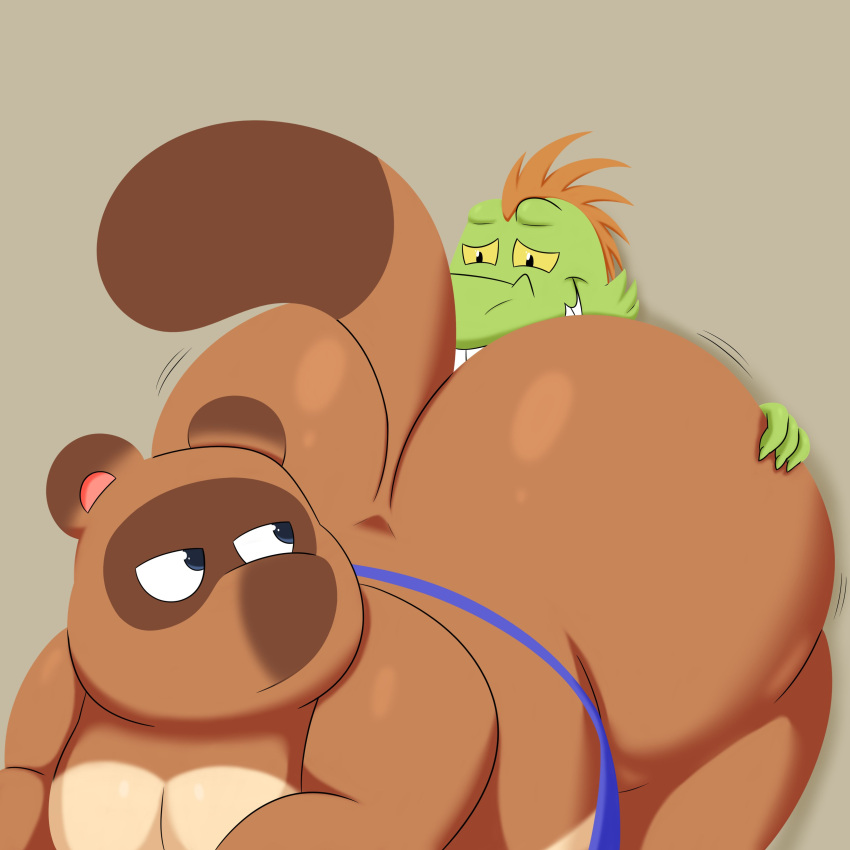 2023 absurd_res ahnik_(character) animal_crossing anthro apron bent_over big_butt black_eyes blue_apron blue_eyes brown_body brown_ears brown_fur brown_tail butt canid canine clothed clothing colossalstars digital_media_(artwork) duo fur green_body green_scales hair half-closed_eyes hand_on_butt hi_res huge_butt looking_back male mammal multicolored_body multicolored_ears multicolored_fur narrowed_eyes nintendo no_underwear orange_hair raccoon_dog scales smile tail tan_body tan_fur tanuki teeth thick_thighs tom_nook_(animal_crossing) two_tone_ears two_tone_tail yellow_sclera