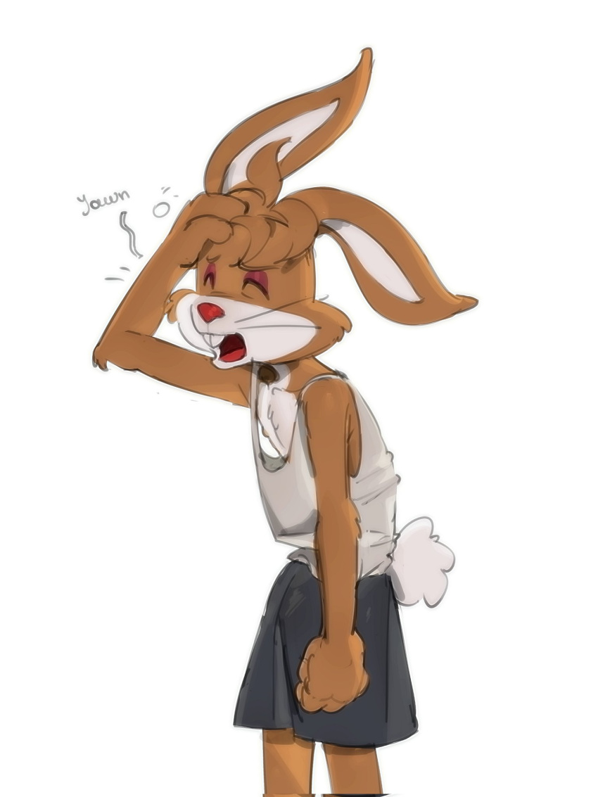 ambiguous_gender anthro bottomwear brown_body brown_fur clothed clothing eyes_closed fur hi_res kogito lagomorph leporid mammal mascot nesquik nesquik_bunny open_mouth rabbit scut_tail shirt short_tail shorts solo tail tank_top toony topwear whiskers yawn