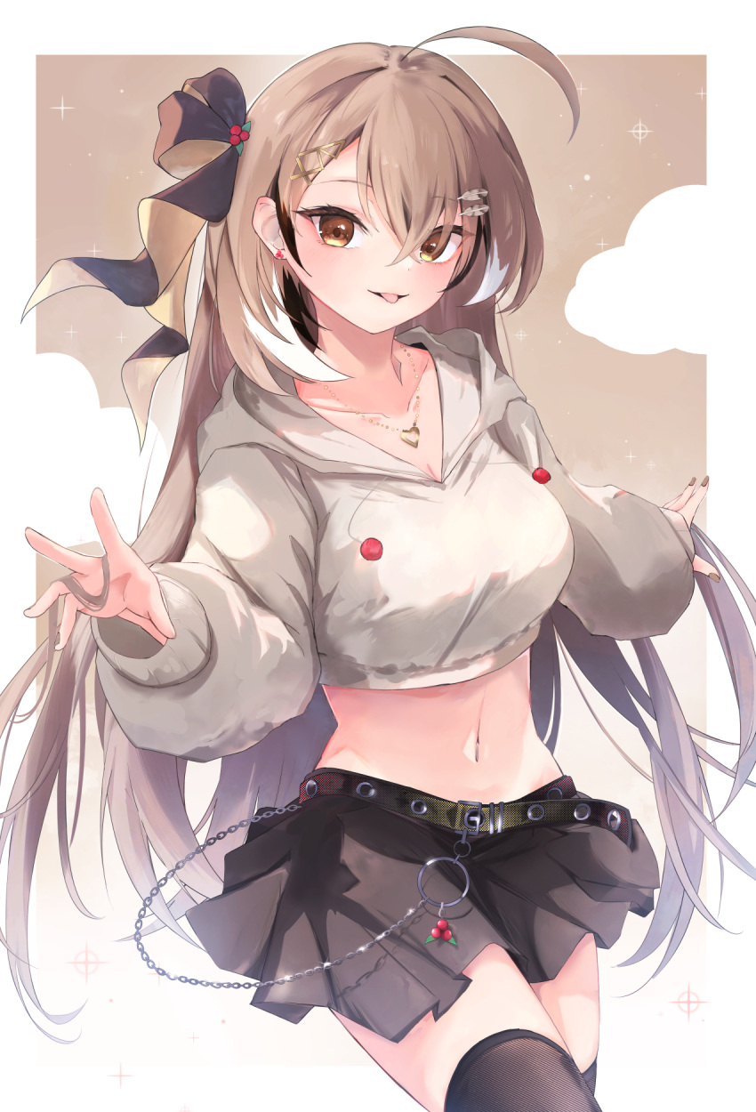 1girl ahoge alternate_costume berry black_thighhighs brown_eyes brown_hair brown_hoodie brown_nails brown_skirt chain cloud crop_top crossed_bangs earrings elphe food-themed_earrings hair_ornament hair_ribbon hand_in_own_hair highres hololive hololive_english hood hoodie jewelry long_hair looking_at_viewer midriff multicolored_hair nail_polish nanashi_mumei navel necklace pleated_skirt ribbon simple_background skirt sparkle streaked_hair thighhighs tongue tongue_out very_long_hair virtual_youtuber